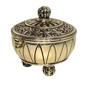 Brighton Trinket Box Silver Round Hinge Lid Yellow Enamel Bowl Footed Scroll EUC